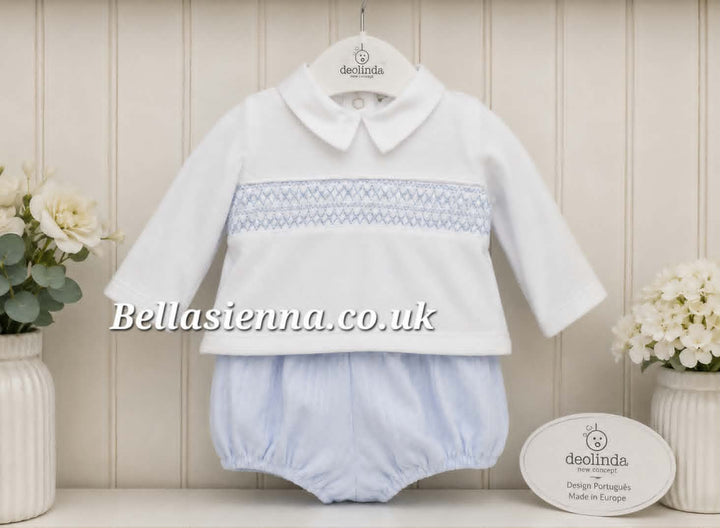 Deolinda Baby Boys White & Blue Velour Smocked Two Piece Set - DBI26710