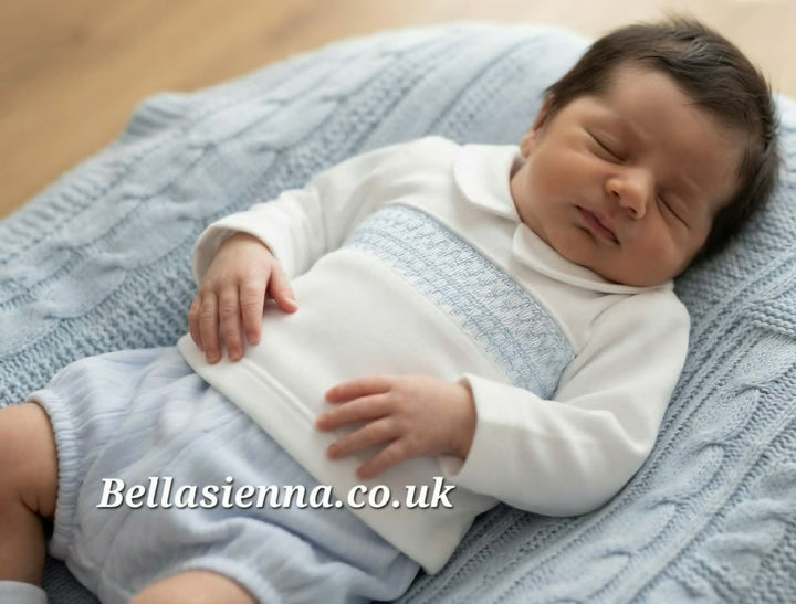 Deolinda Baby Boys White & Blue Velour Smocked Two Piece Set - DBI26710