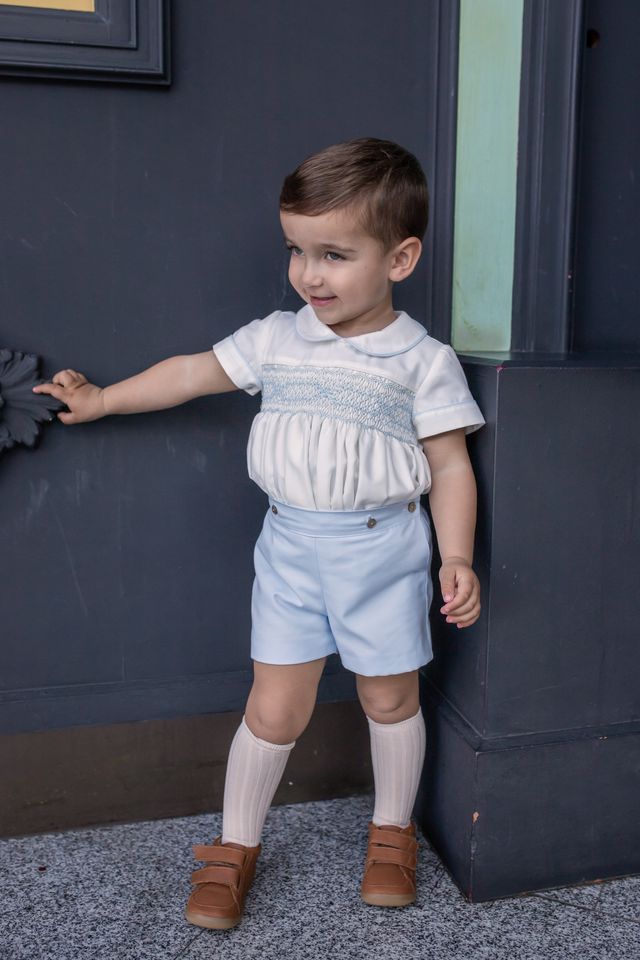 Naxos Ivory & Blue Hand Smocked Boys Two Piece Outfit - 7610