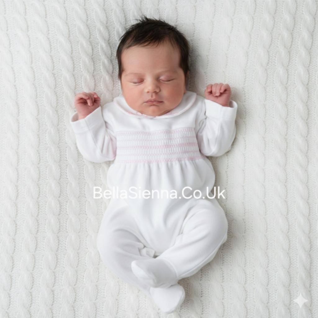 Deolinda Baby Girls White & Pink Velour Smocked Babygrow With Embroidered Bunny Rabbits - DBI25130