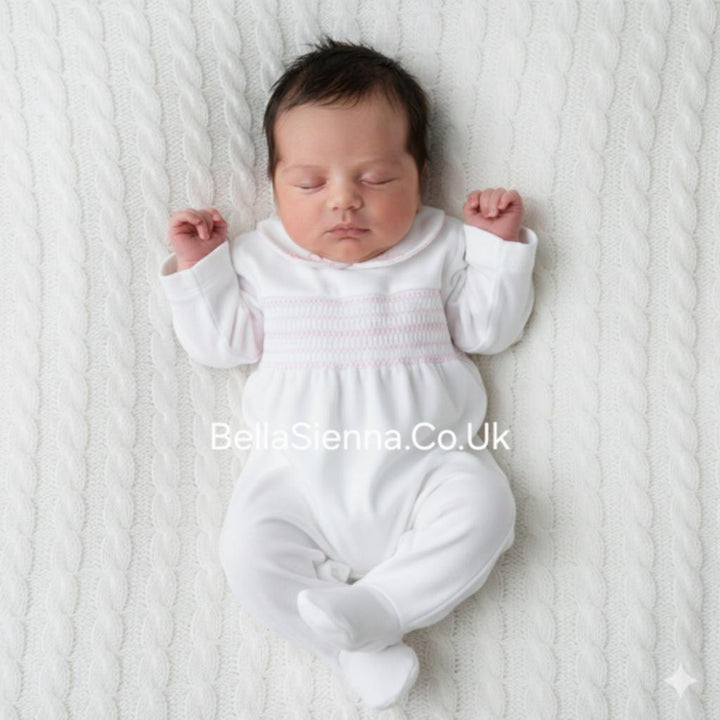 Deolinda Baby Girls White & Pink Velour Smocked Babygrow With Embroidered Bunny Rabbits - DBI25130