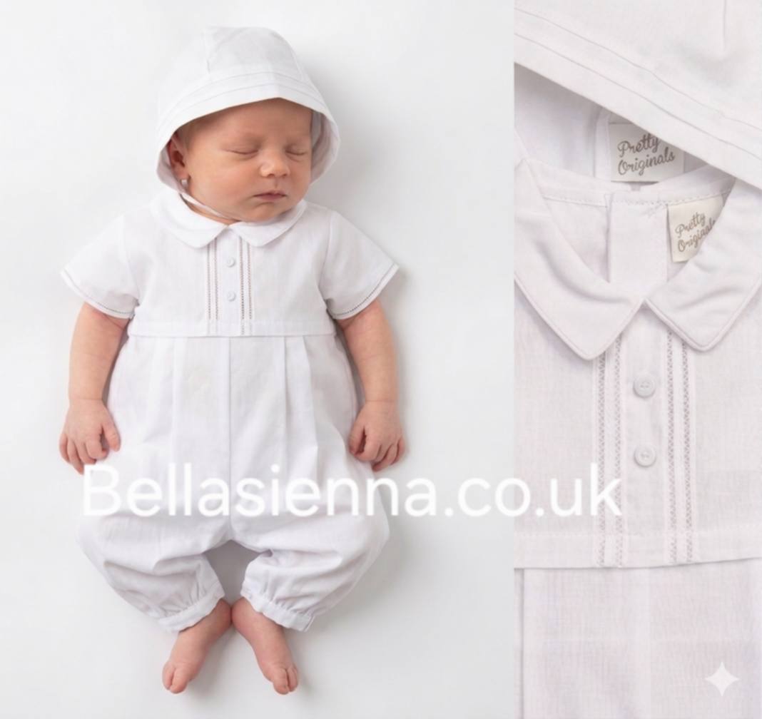 Pretty Orginals Boys White Traditional Romper & Hat - Christening - DL07922