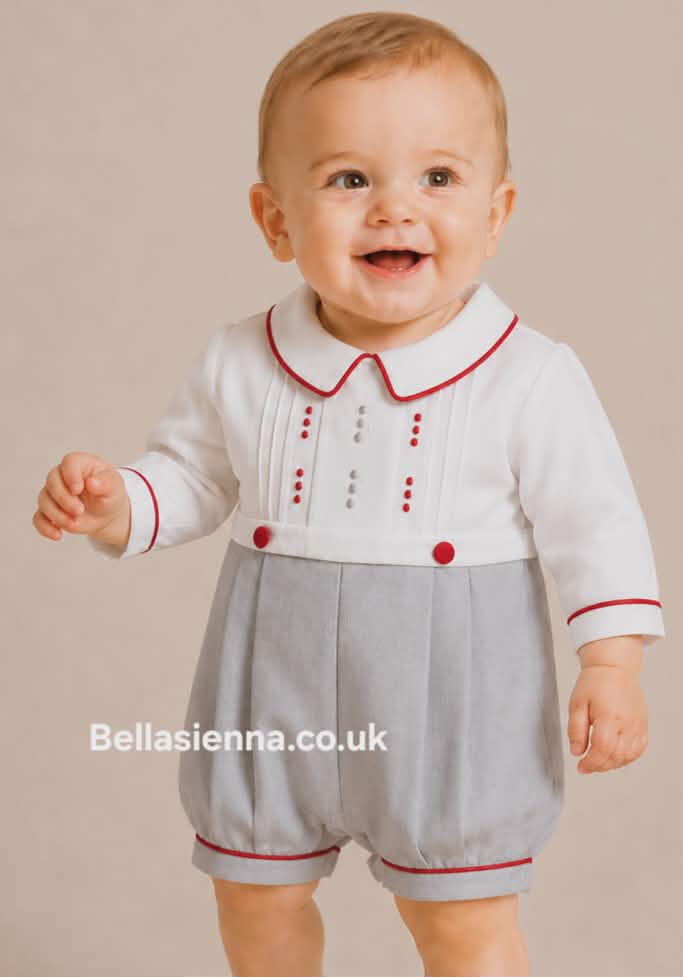 Pretty Originals Boys Ivory/Grey/Red Long Sleeved Romper - DL08090