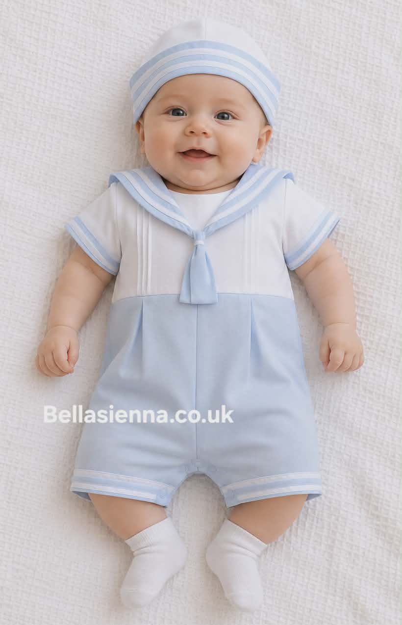 Pretty Originals Blue & White Sailor Romper With Matching Hat - DL61889 - Summer