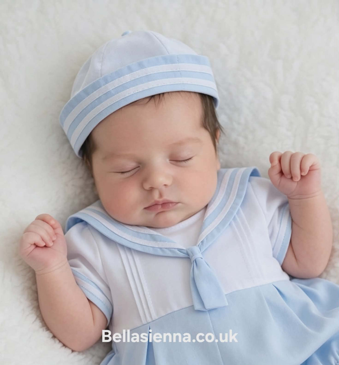 Pretty Originals Blue & White Sailor Romper With Matching Hat - DL61889 - Summer