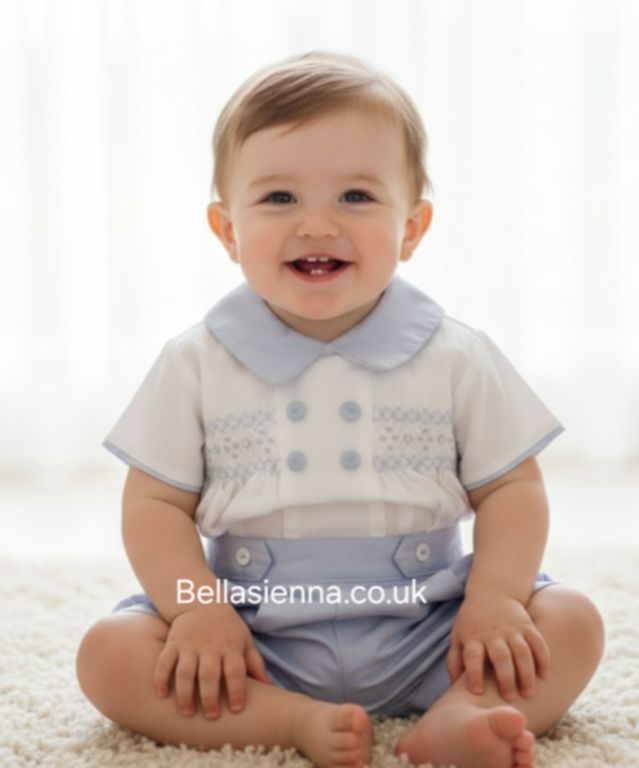 Pretty Originals Blue & White Smocked Boys Outfit  - DL62044