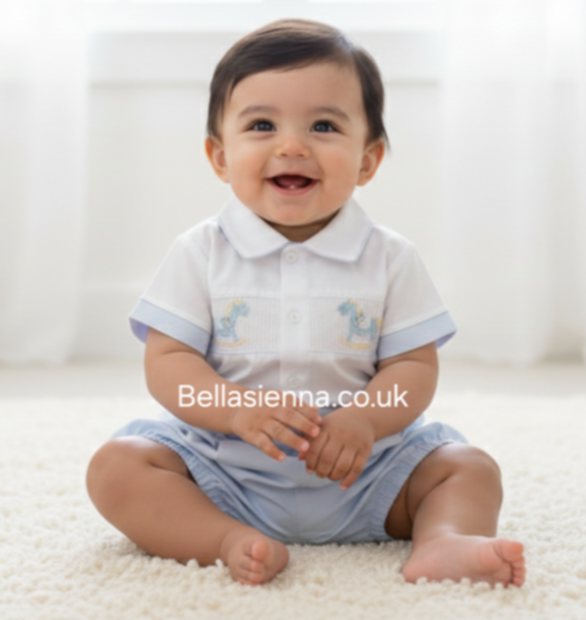 Pretty Originals Blue & White Smocked Boys Outfit With Rocking Horse Design - DL62044