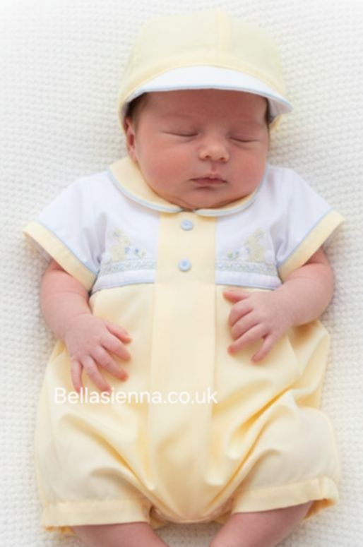 Pretty Originals Lemon, White & Blue Bunny Rabbit Romper  & Matching Hat - DL62099