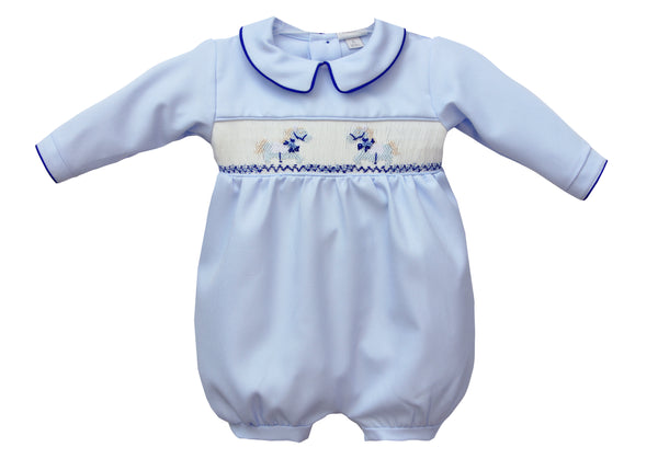 Pretty Originals Pale Blue, Hand Smocked Rocking Horse Romper - DL62202