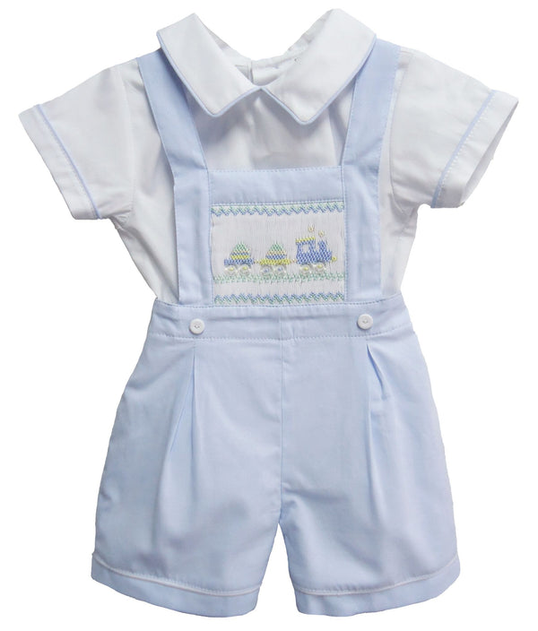 Pretty Originals Baby Boys Blue & White Hand Smocked Train Outfit - DL62226