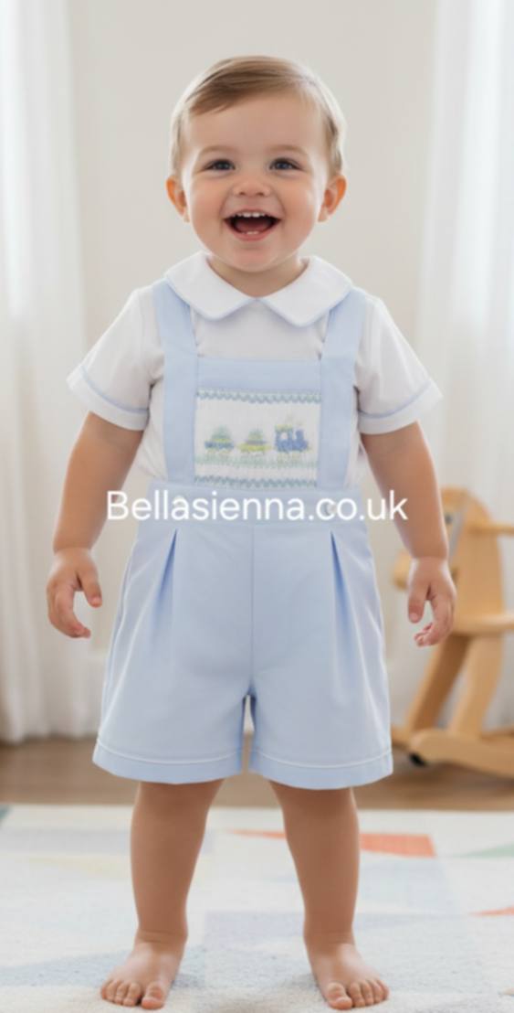 Pretty Originals Baby Boys Blue & White Hand Smocked Train Outfit - DL62226