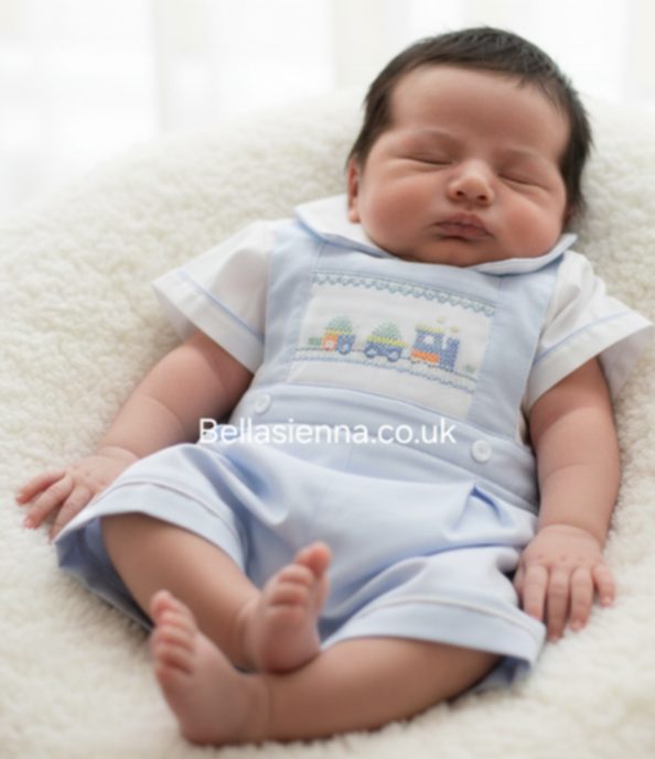 Pretty Originals Baby Boys Blue & White Hand Smocked Train Outfit - DL62226