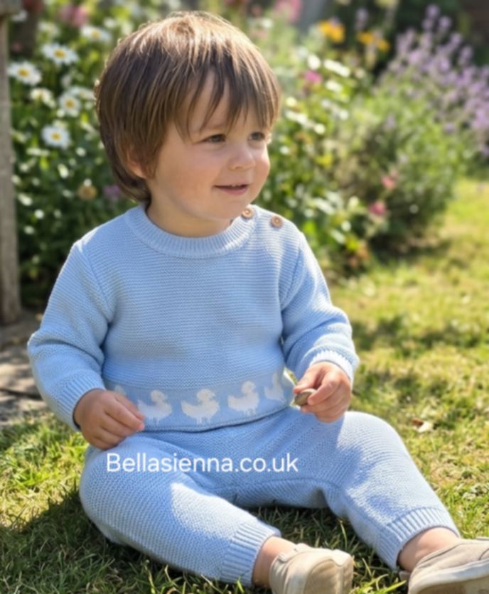 Pex Boys "Duckling" Two Piece Blue & White Knitted Trouser Set - B094700935