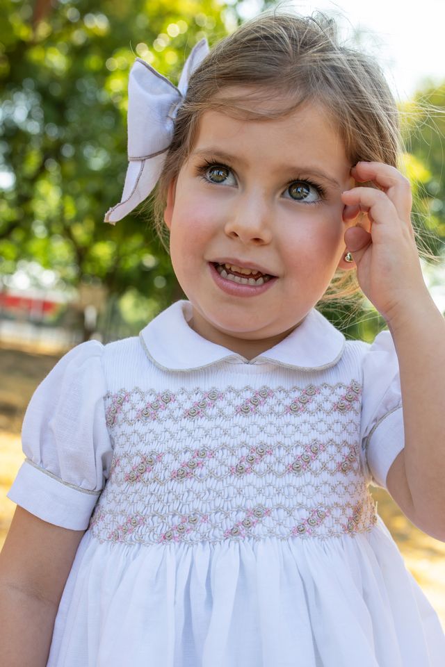 Naxos Girls Hand Smocked Ivory & Beige Dress - 7724