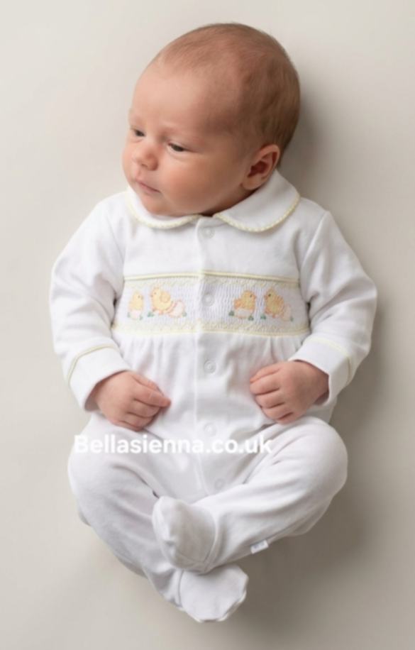 Unisex Dandelion AV6129W Chicks Smocked Cotton Sleepsuit, Babygrow, Easter