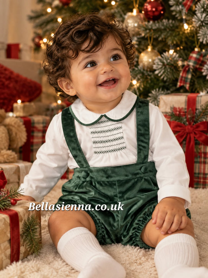 Deolinda Boys Bottle Green Velvet Smocked Two Piece Set - DBI26632 - "Jolly"
