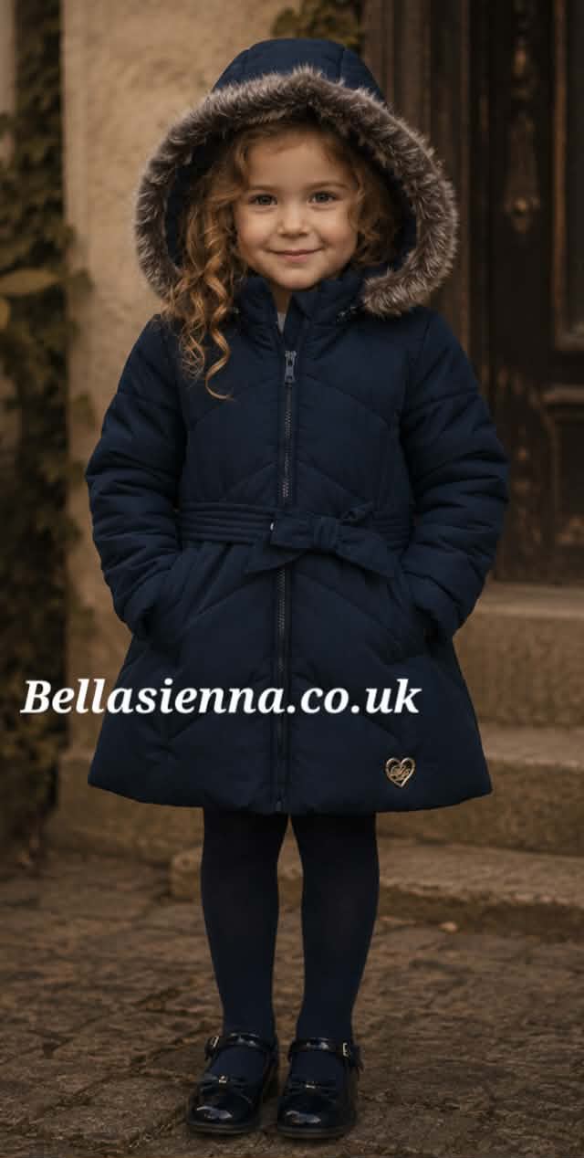 Dolce Petit Navy Padded Coat Perfect For School Faux Fur Hood