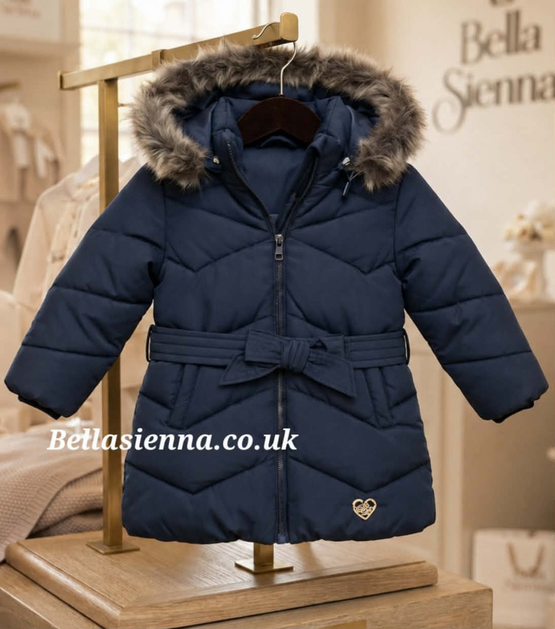 Dolce Petit Navy Padded Coat Perfect For School Faux Fur Hood