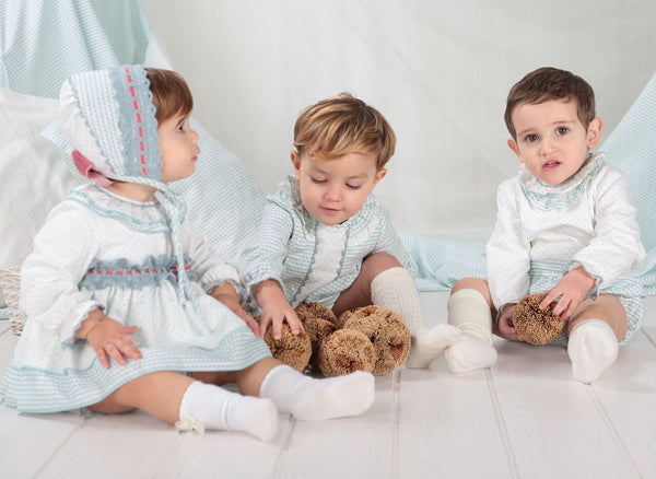 Babine Ivory And Green Dress Set With Lace And Velvet Bows 1812811
