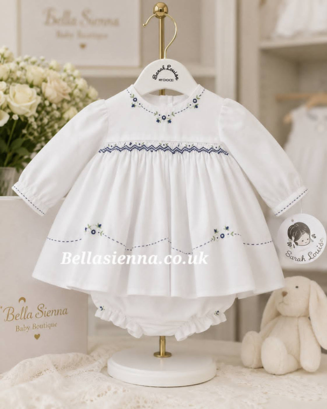 Sarah Louise Baby White And Navy Smocked Dress And Pants 0139983
