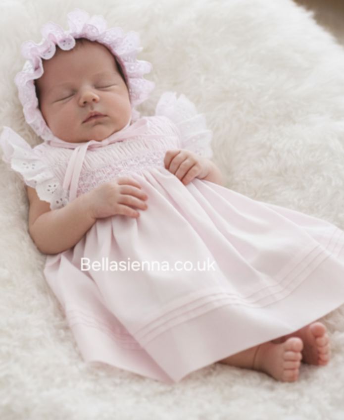 Sarah Louise Pink & White Hand Smocked Dress & Matching Bonnet - 012900