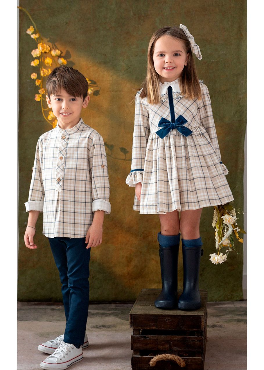 Basmarti Girls Beige, Ivory & Navy Winter Dress - 26570