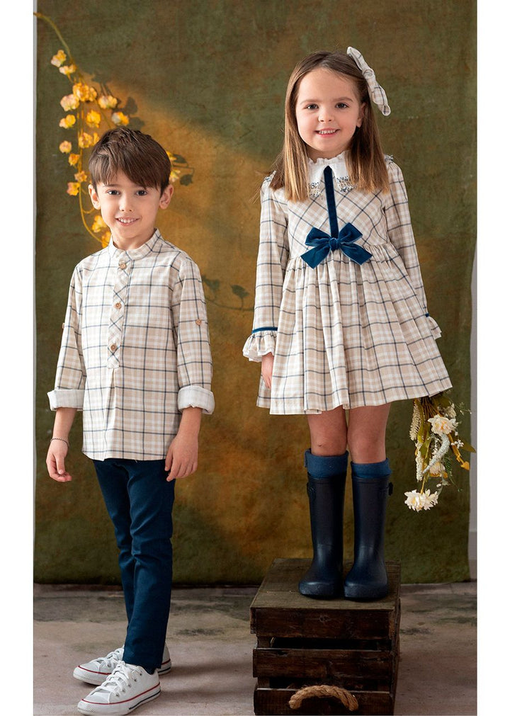 Basmarti Girls Beige, Ivory & Navy Winter Dress - 26570