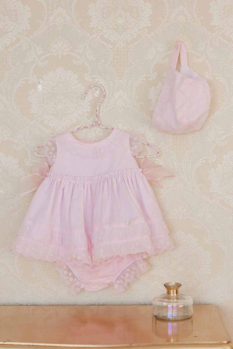 Dolce Petit Girls Pink Lace Dress, Pants & Bonnet Set - 2024 VGB
