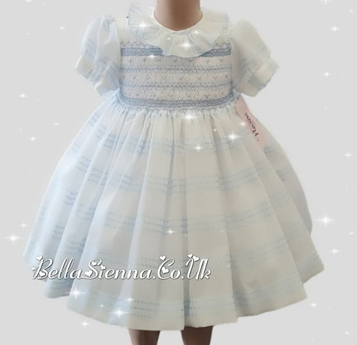 Naxos Hand Smocked White & Blue Dress - 7332
