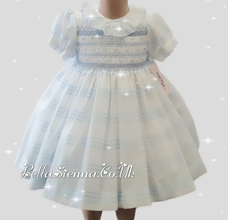 Naxos Hand Smocked White & Blue Dress - 7332