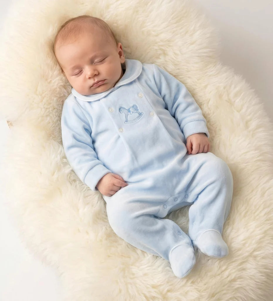Blue Rocking Horse Velour All In One Babygrow - "George"