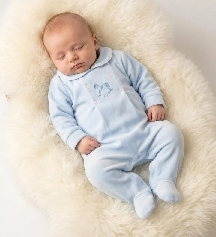 Blue Rocking Horse Velour All In One Babygrow - "George"