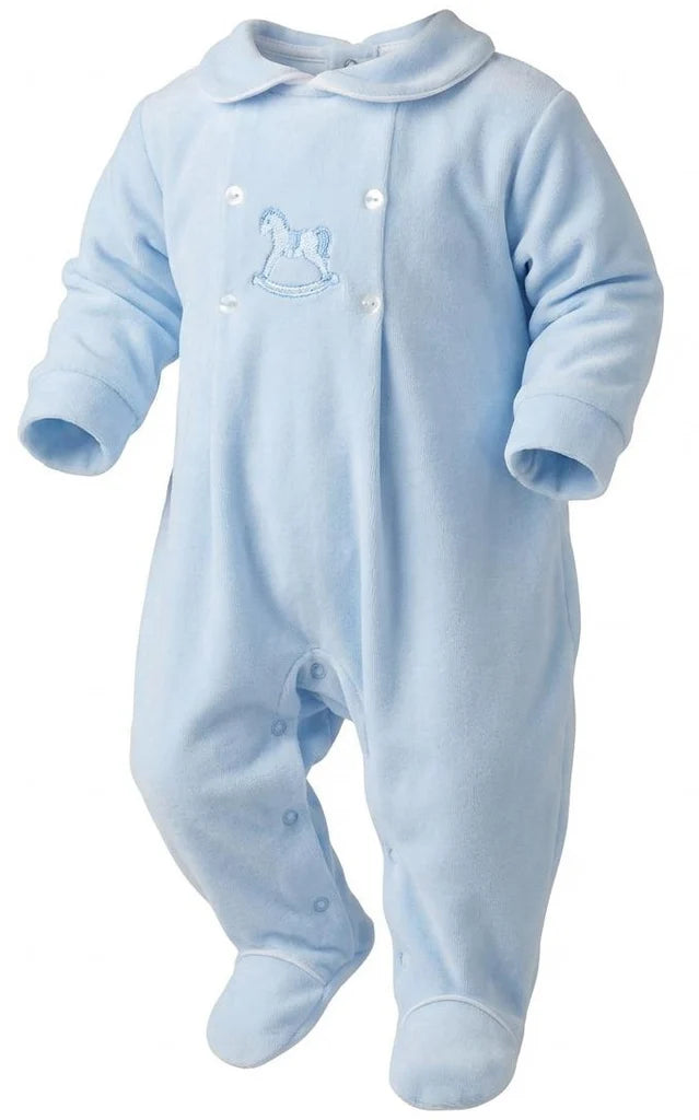 Blue Rocking Horse Velour All In One Babygrow - "George"