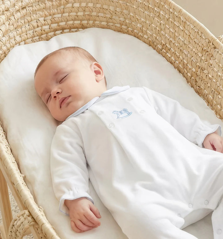 White & Blue Rocking Horse Velour All In One Babygrow - "George"