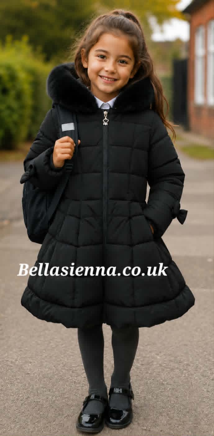 Georgio Bambini Girls Black Hooded Puffer Coat with Faux Fur Trim DH03