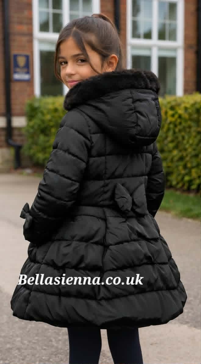 Georgio Bambini Girls Black Hooded Puffer Coat with Faux Fur Trim DH03