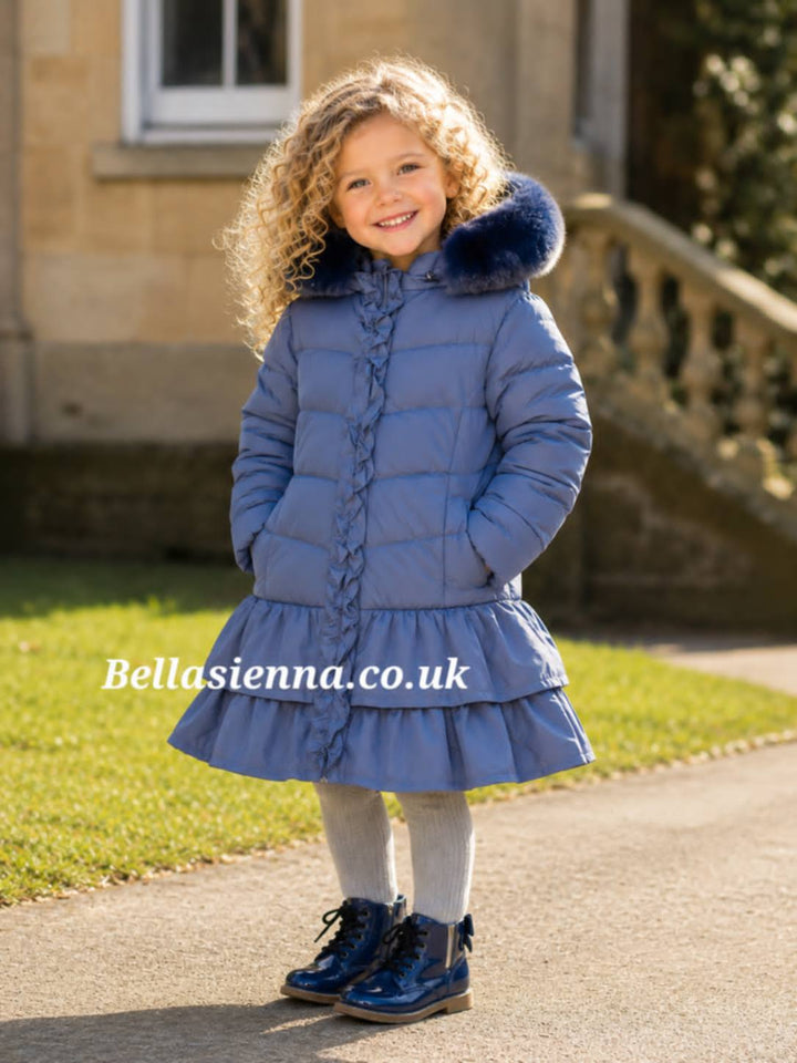 Georgio Bambini Girls Navy Hooded Puffer Coat with Faux Fur Trim DH09