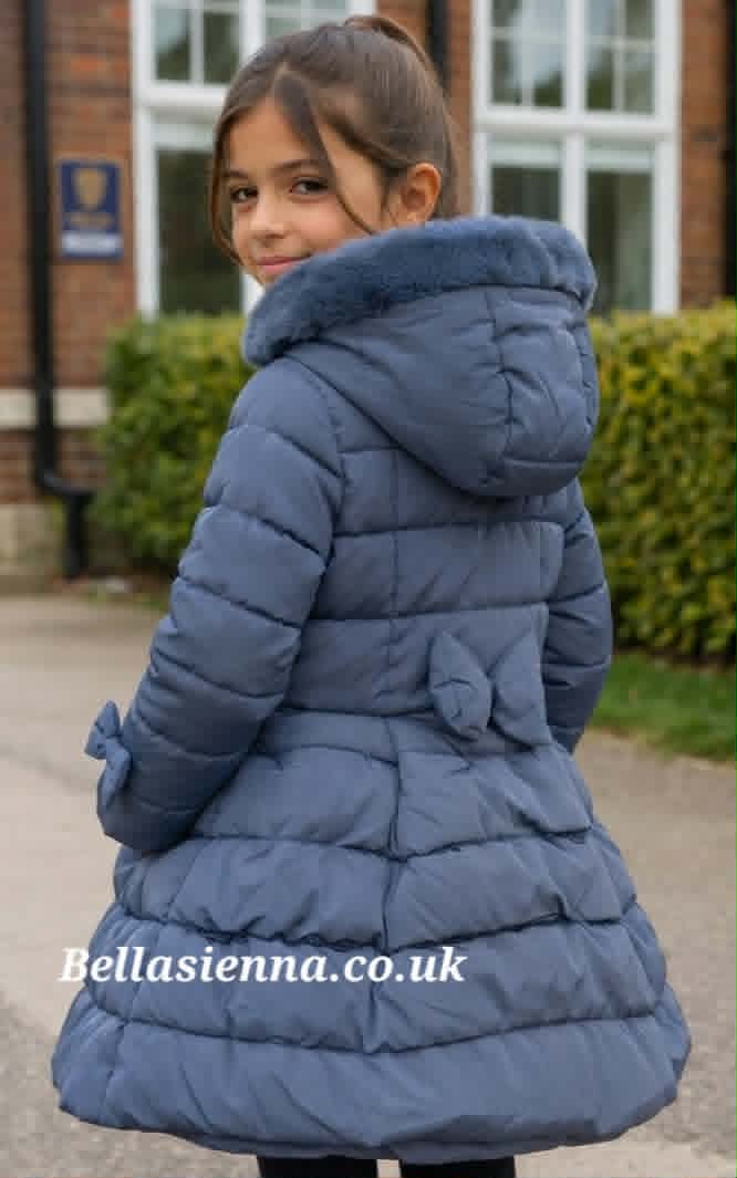 Georgio Bambini Girls Navy Hooded Puffer Coat with Faux Fur Trim DH03