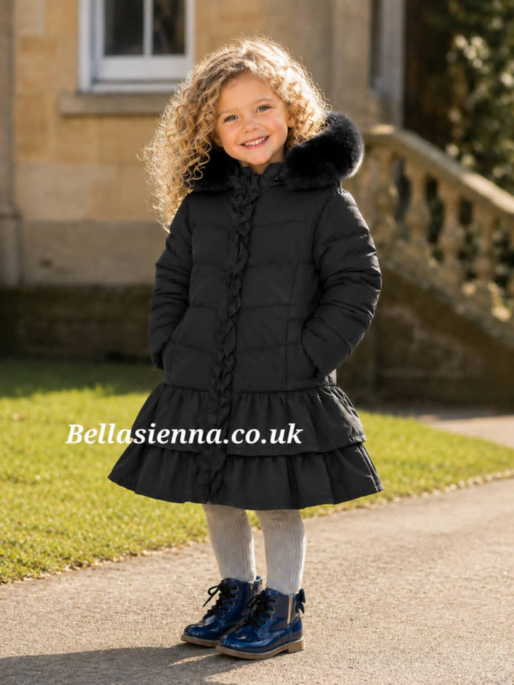 Georgio Bambini Girls Black Hooded Puffer Coat with Faux Fur Trim DH09