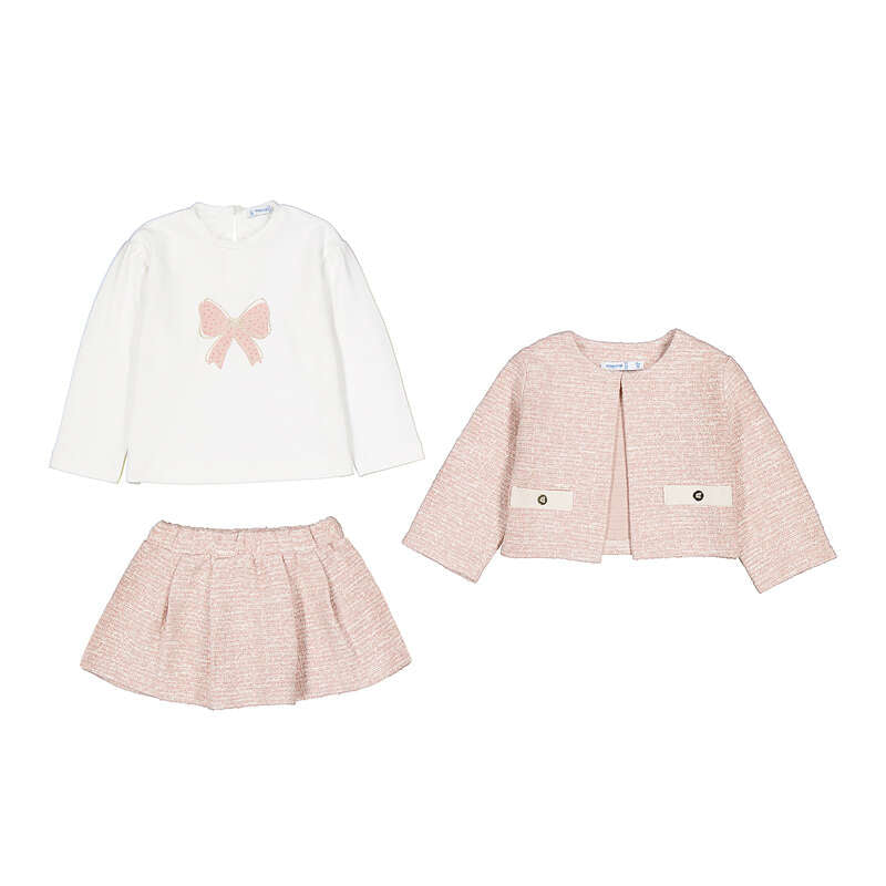 Younger Girls Tweed Knit Three Piece Set - Jacket, Bow Top & Skirt - Pink - Petisui - 2954