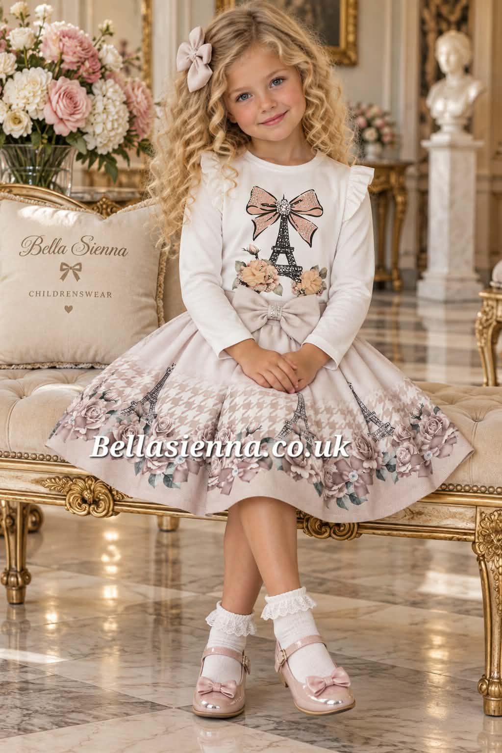 Giorgio Bambini Girls Ivory & Beige "BOW & TOWER " Long Sleeved Top & Skirt Set - YG-14