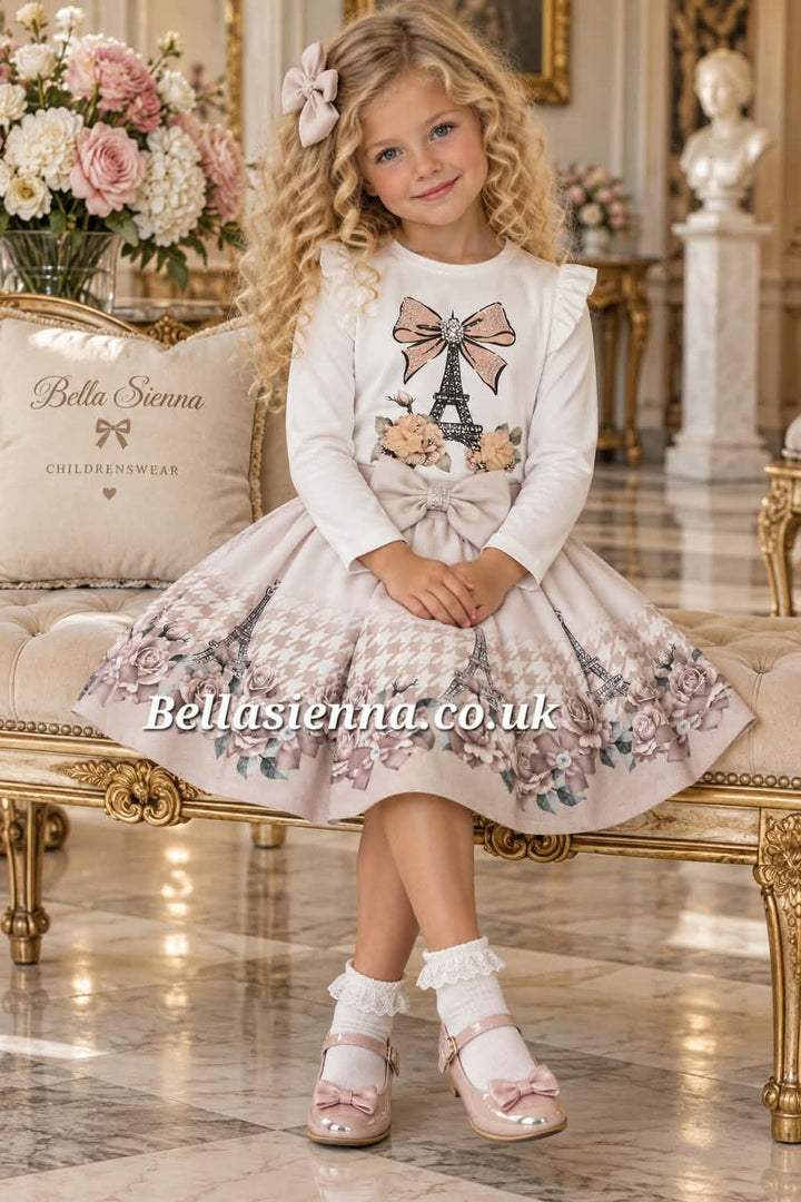 Giorgio Bambini Girls Ivory & Beige "BOW & TOWER " Long Sleeved Top & Skirt Set - YG-14