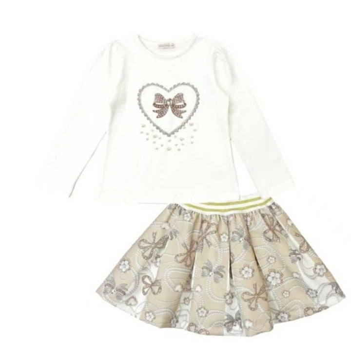 Giorgio Bambini Girls Ivory & Beige "Love Heart" Long Sleeved Top & Skirt Set - YG-15