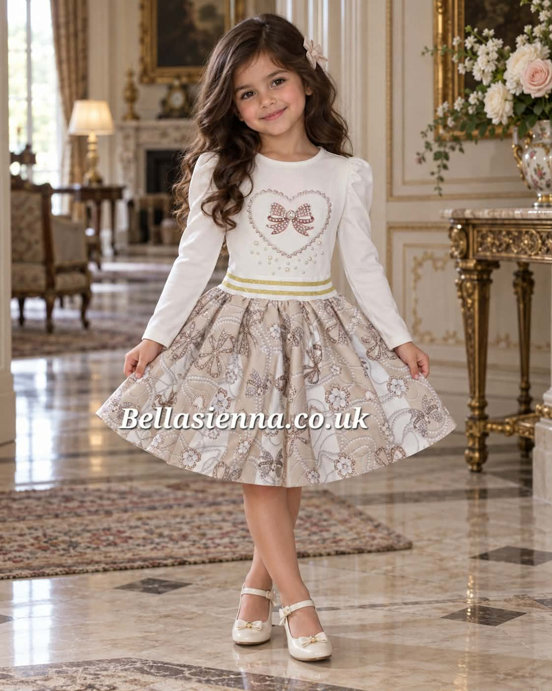 Giorgio Bambini Girls Ivory & Beige "Love Heart" Long Sleeved Top & Skirt Set - YG-15