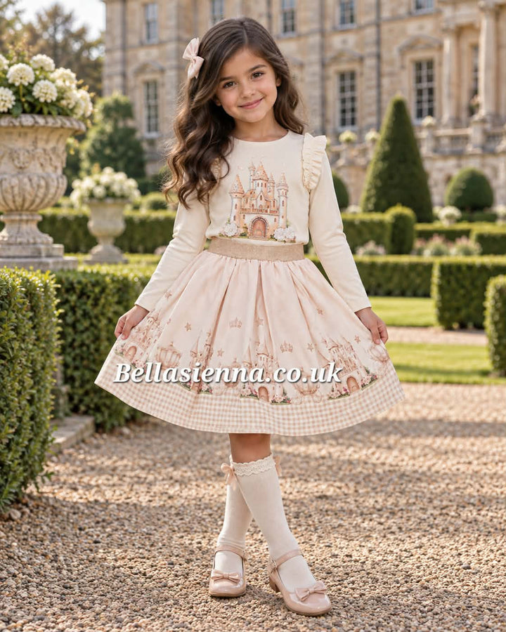 Giorgio Bambini Girls Ivory & Beige "Princess Castle" Long Sleeved Top & Skirt Set - YG-19