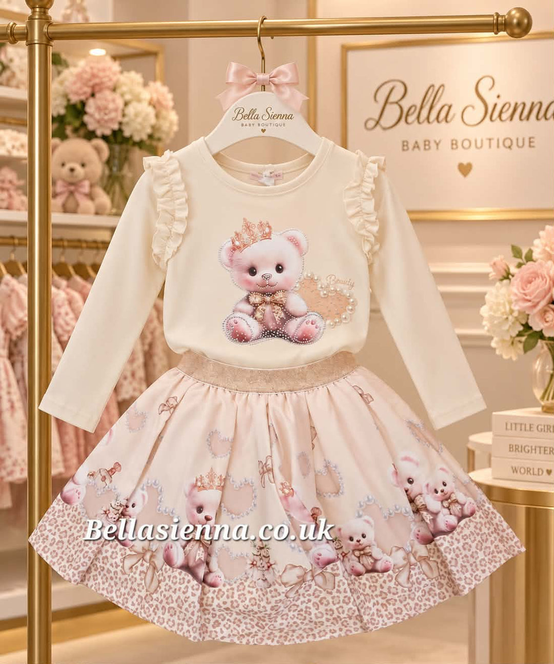 Giorgio Bambini Girls Ivory & Beige "Teddy Bear" Long Sleeved Top & Skirt Set - YG-18