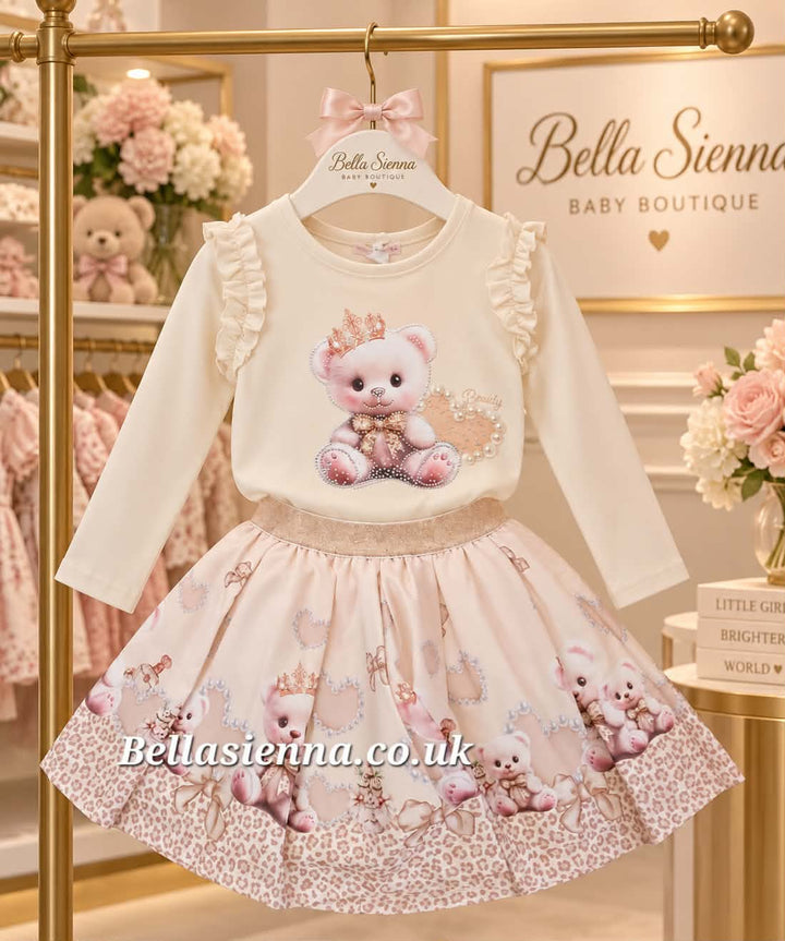 Giorgio Bambini Girls Ivory & Beige "Teddy Bear" Long Sleeved Top & Skirt Set - YG-18
