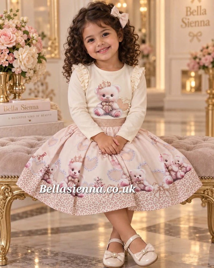 Giorgio Bambini Girls Ivory & Beige "Teddy Bear" Long Sleeved Top & Skirt Set - YG-18