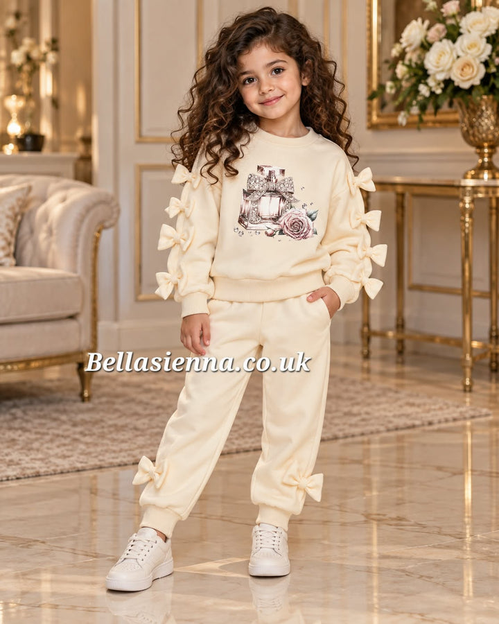 Giorgio Bambini Girls "PERFUME" Cream Bow & Diamante Tracksuit - YE-052