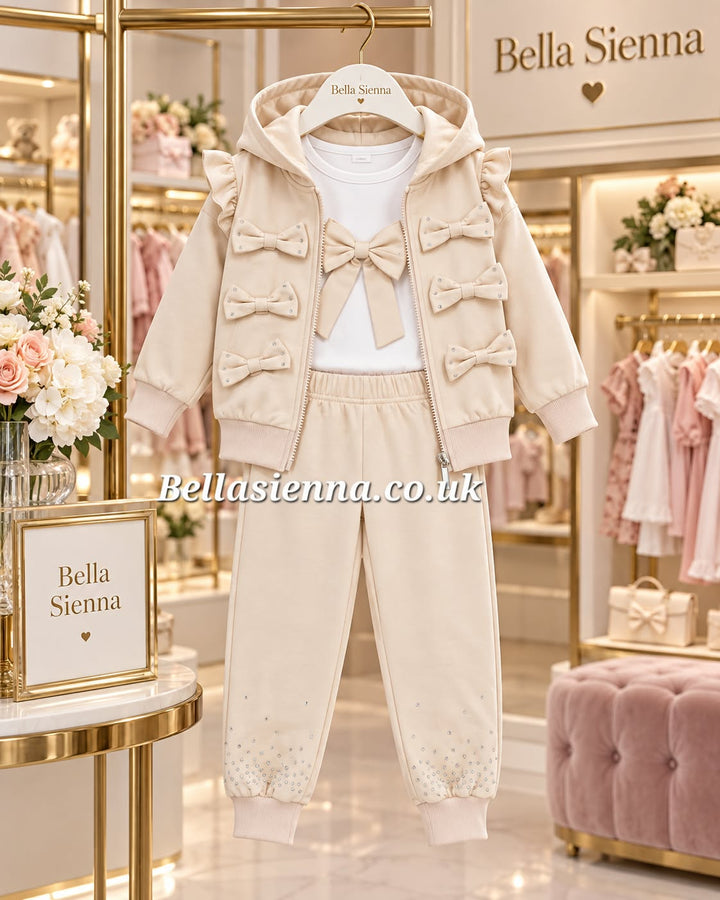 Giorgio Bambini Girls Three Piece Cream Bow & Diamante Tracksuit - YG-215